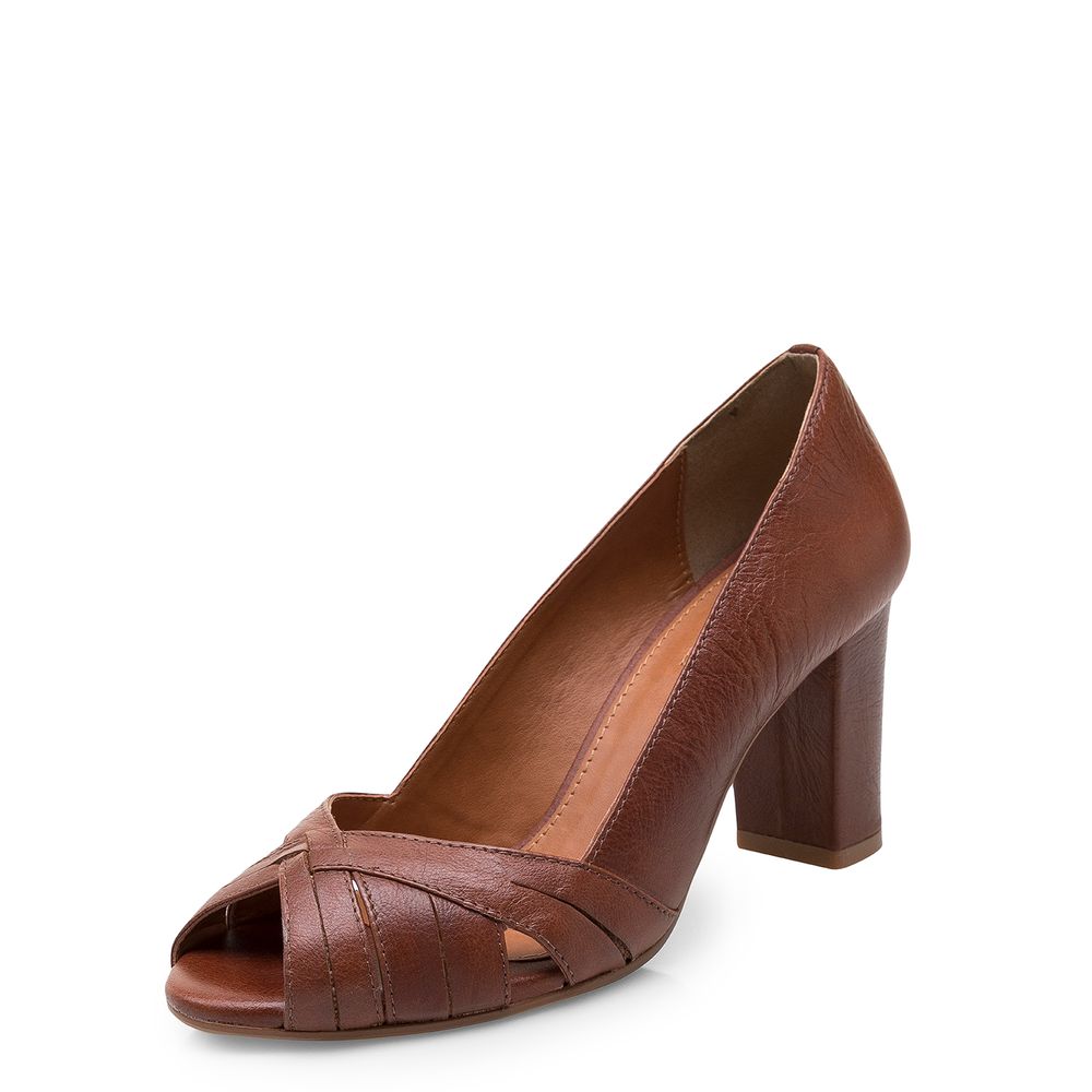 Peep Toe Recortes Couro Floater - Conhaque - corello