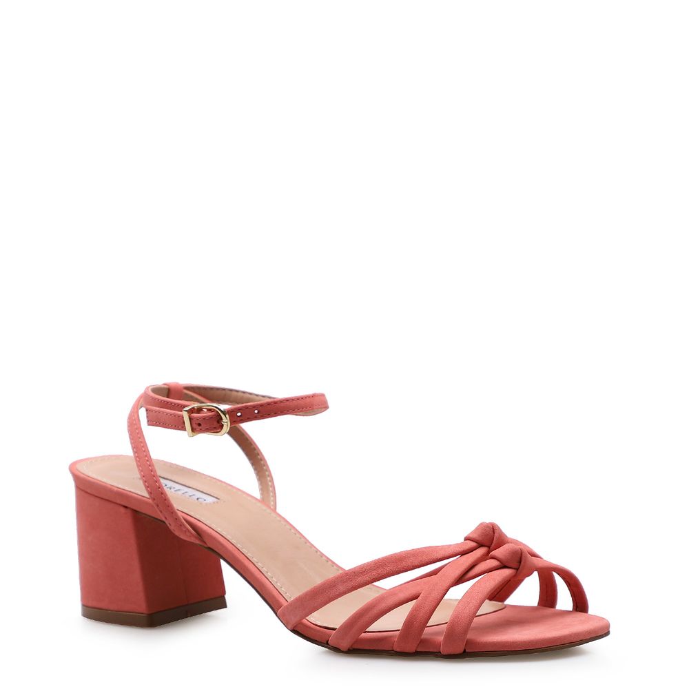 Sandália Feminina Salto Bloco Knot - Couro Nobuck Coral - corello