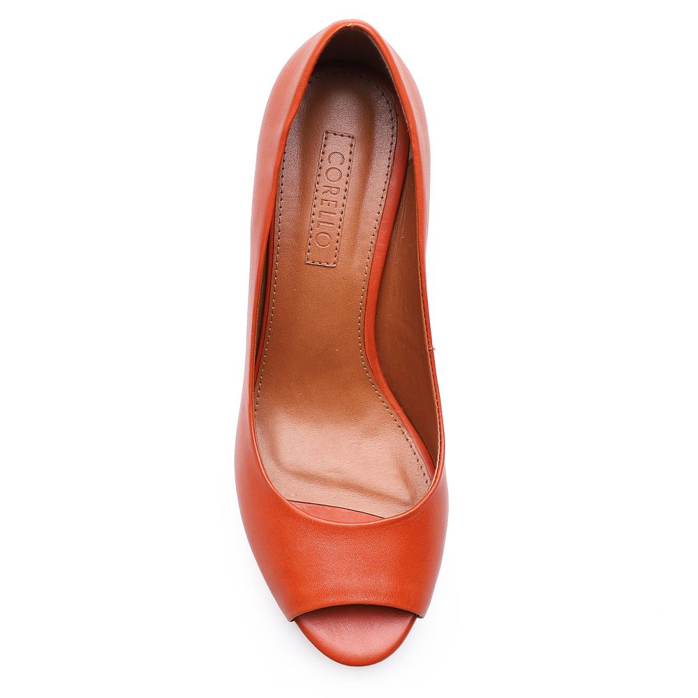 Peep Toe Anabela - Couro Atanado Laranja - corello