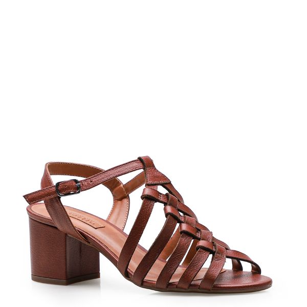 Sandália Feminina Salto Bloco Tiras Entrelaçadas - Couro Marrom - corello