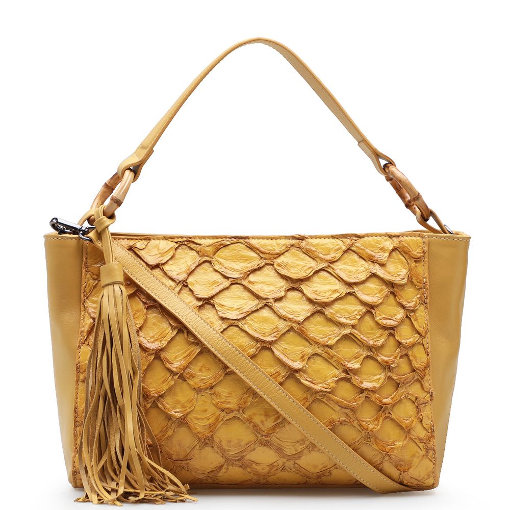 Bolsa saco em couro de pirarucu chocolate esc. natural | TAIA